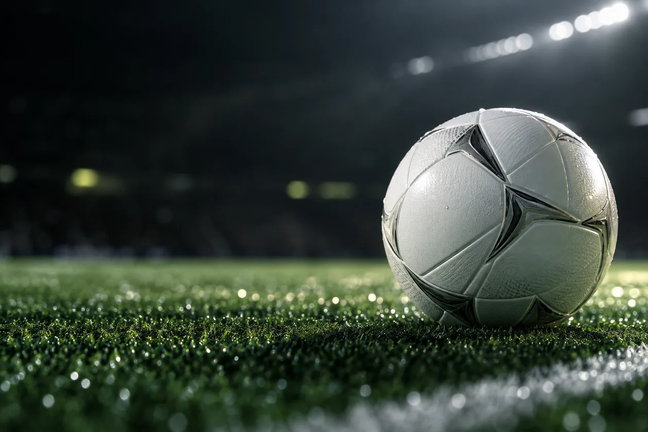 Cinematic close-up of a football under stadium floodlights